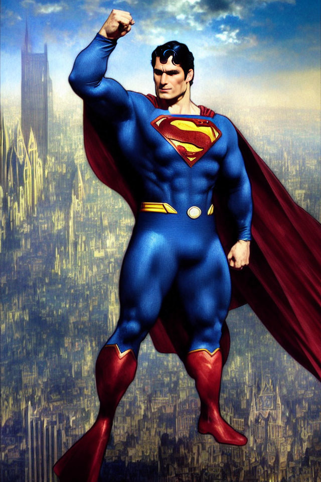 Superman illustration in iconic blue suit and red cape