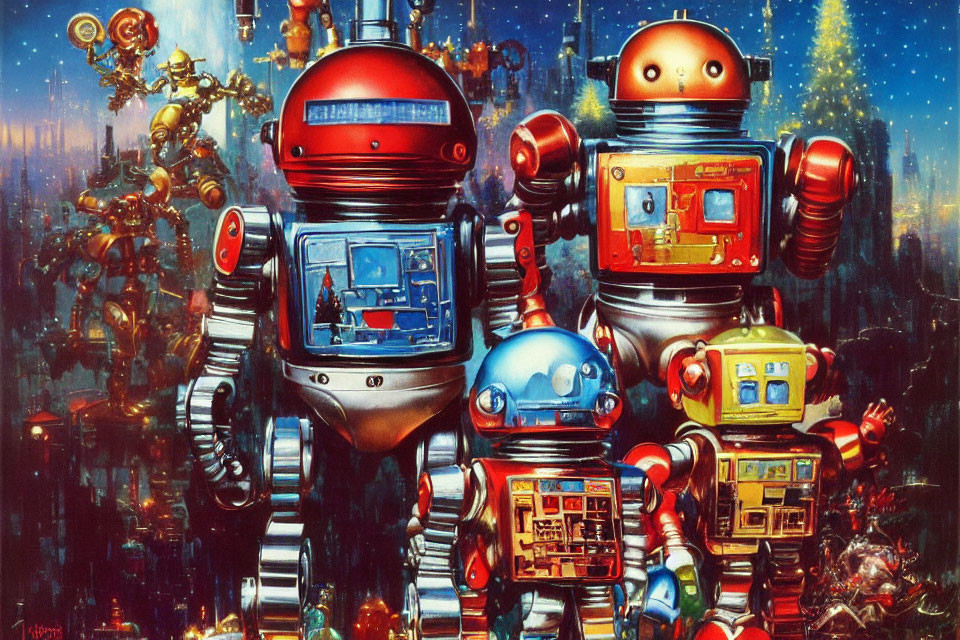 Colorful Retro-Style Robot Family in Vibrant Cityscape