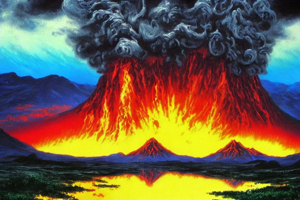 Vivid painting: Volcanic eruption with fiery lava flows reflected in water.