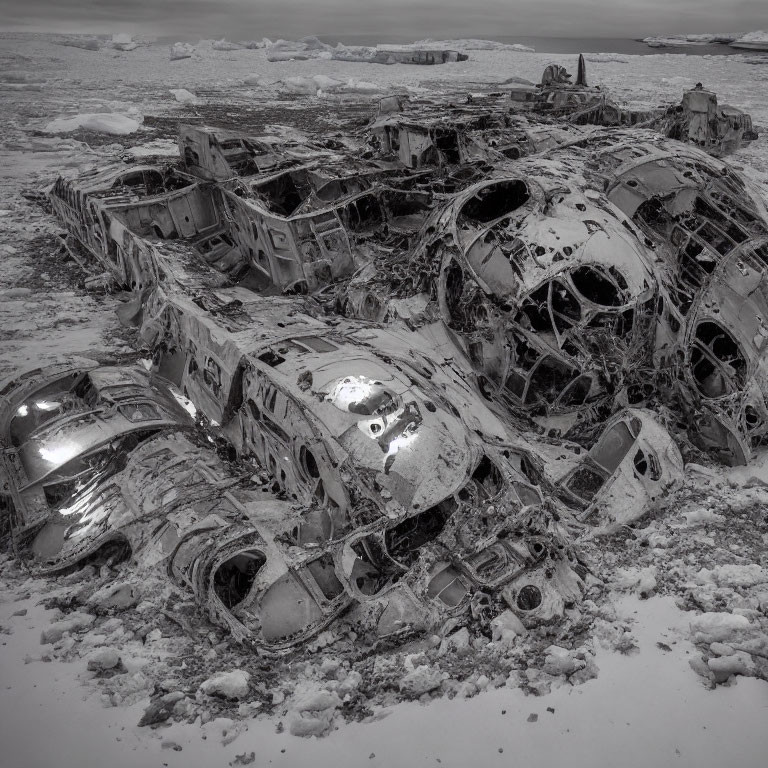 Snow-covered landscape with scattered decayed airplane wreckage