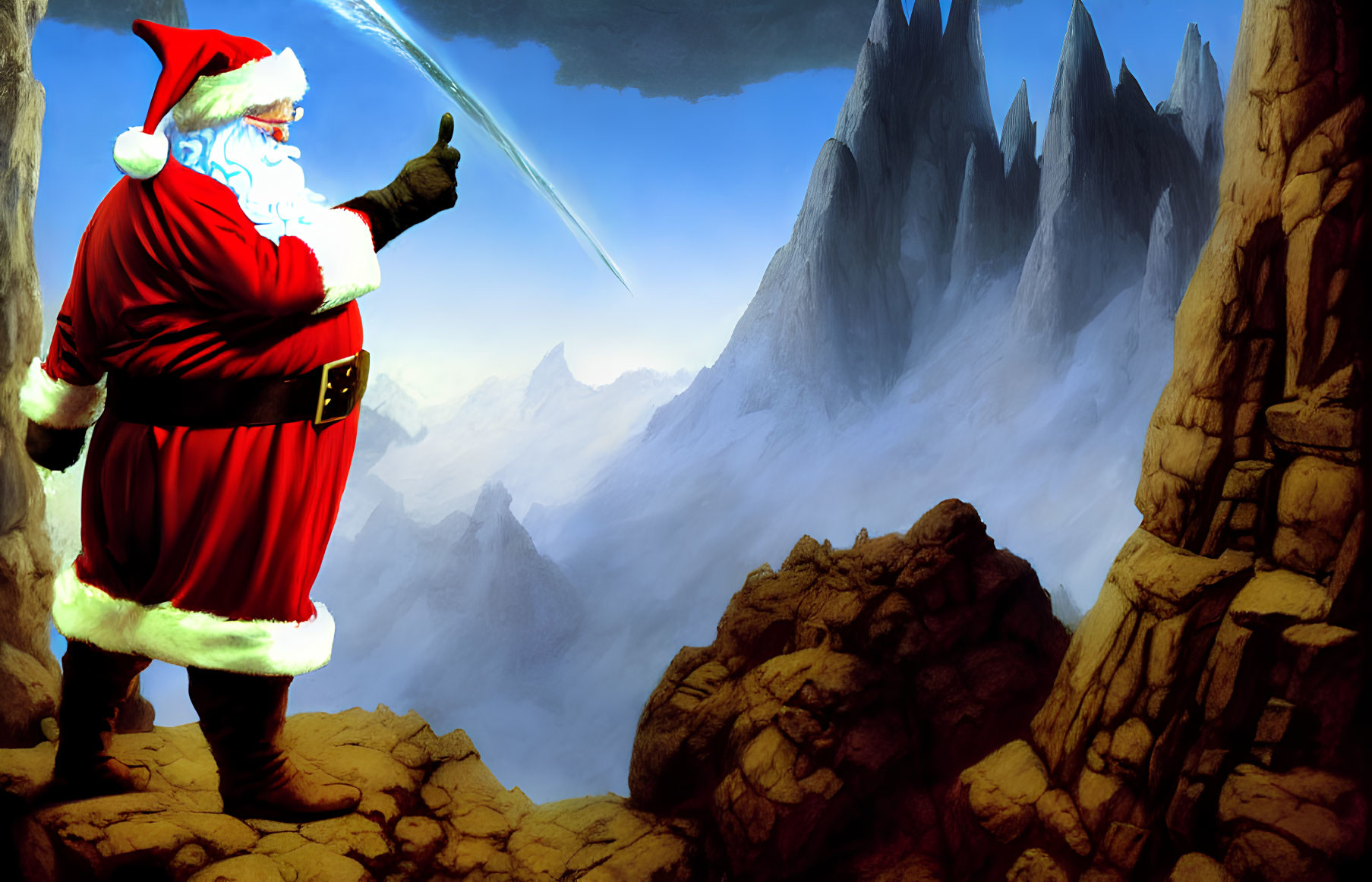 Santa Claus in Red Suit with Sword on Rocky Ledge and Snowy Mountains