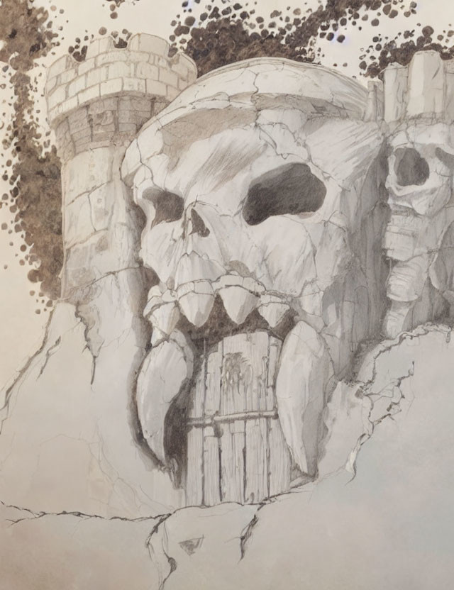 Mountain Skull with Castle Tower and Doorway Sketch