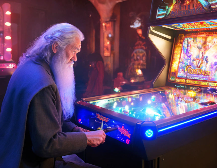 Wizard with long white beard playing pinball under neon lights