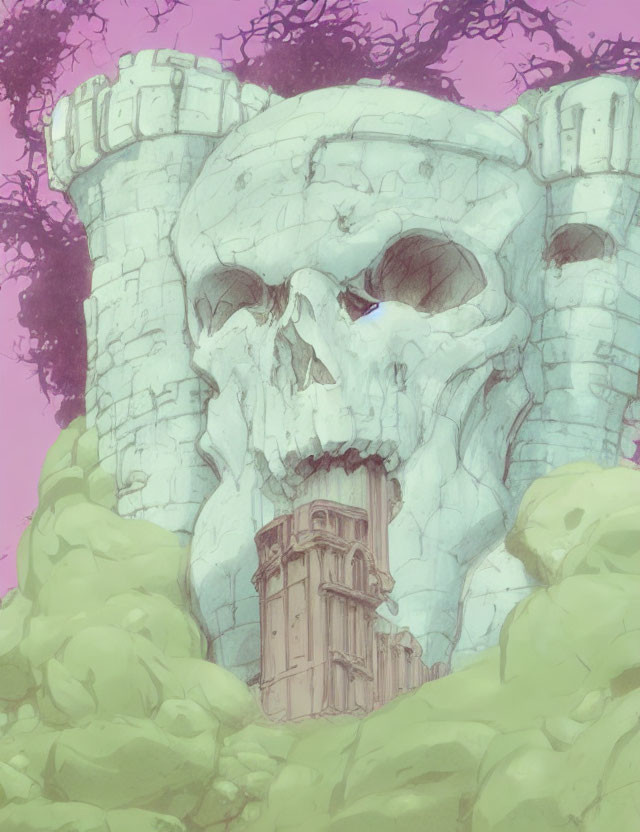 Skull-shaped structure with castle in mouth in pink sky