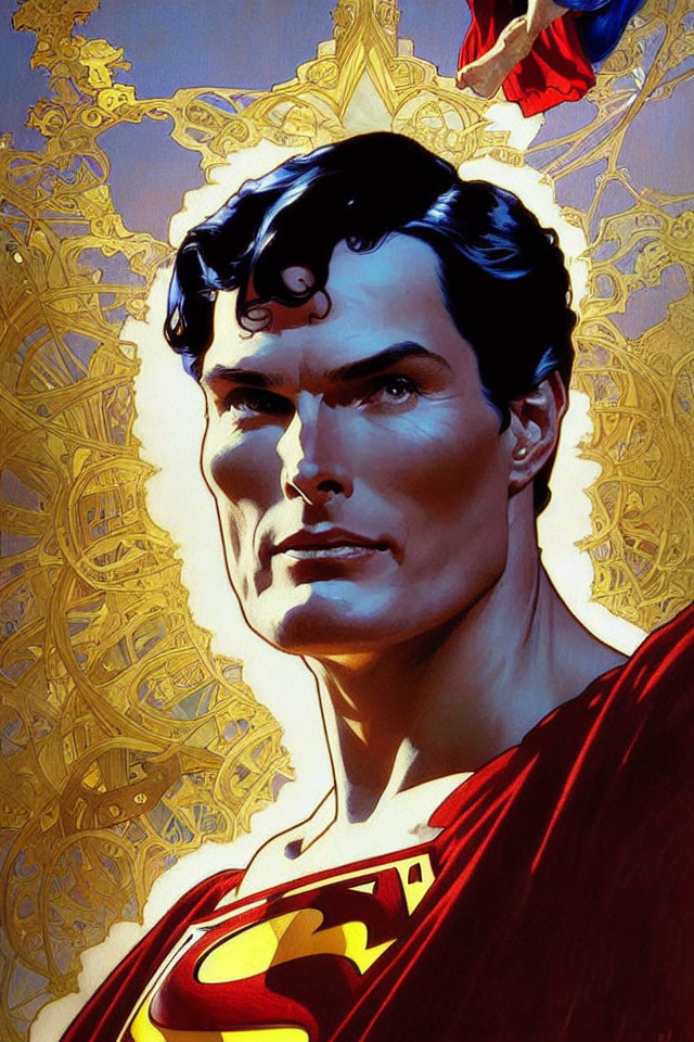 Superman illustration in classic pose with iconic suit and red cape