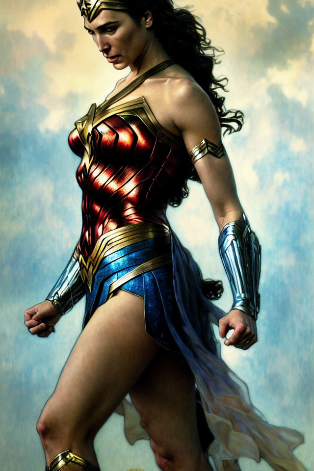 Illustration of Wonder Woman in defensive pose with red and gold armor