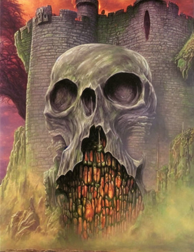 Fantastical artwork of skull-shaped rock with castle under red sky