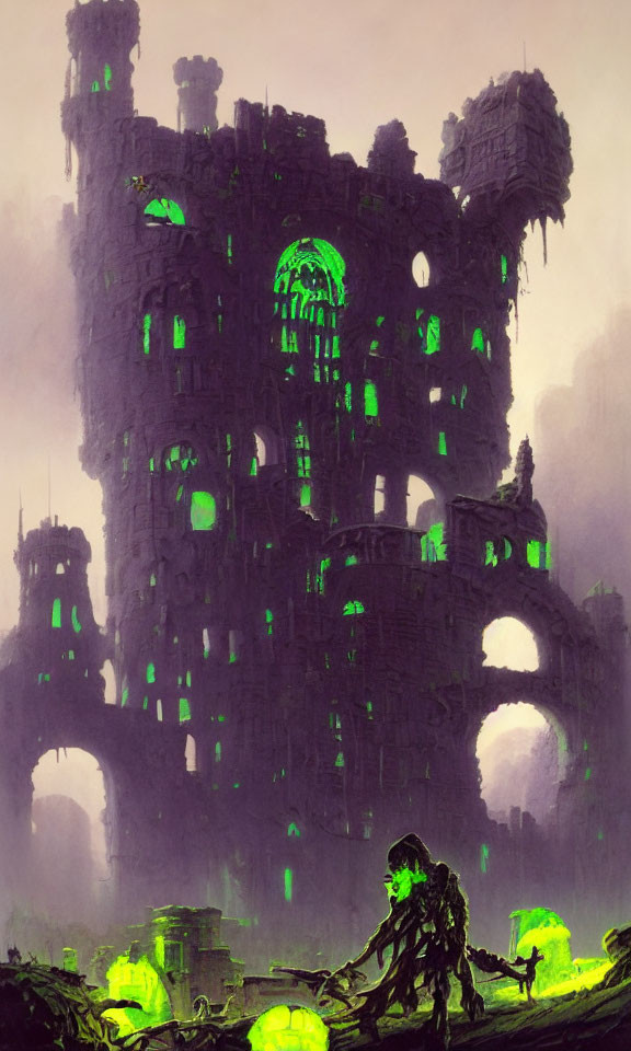 Eerie Green-Lit Ruined Castle with Lone Figure