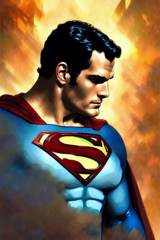 Stylized Superman illustration in blue suit with red cape