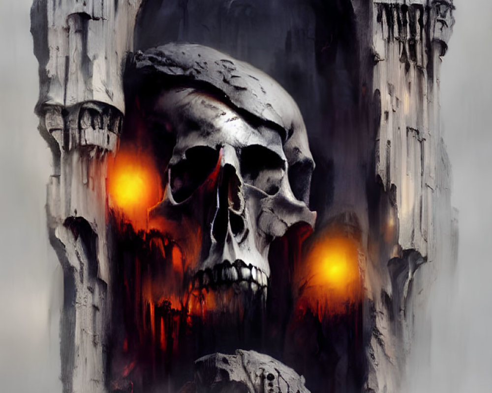 Glowing-eyed skull in eerie gothic landscape with misty towers