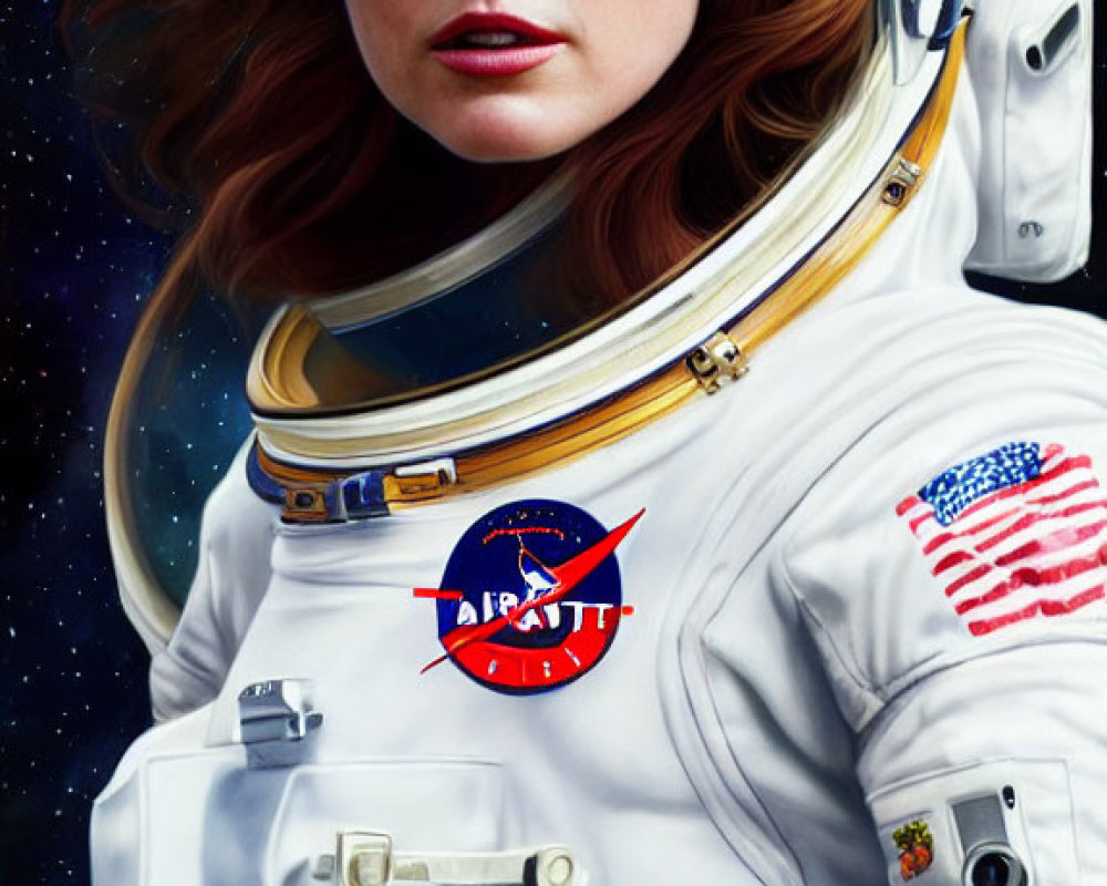 Detailed Female Astronaut Digital Artwork with Blue Eyes in Space