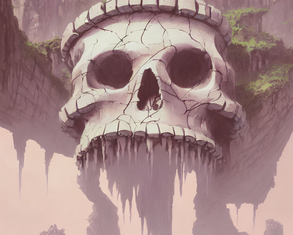 Gigantic skull in misty landscape with castles and eerie lighting