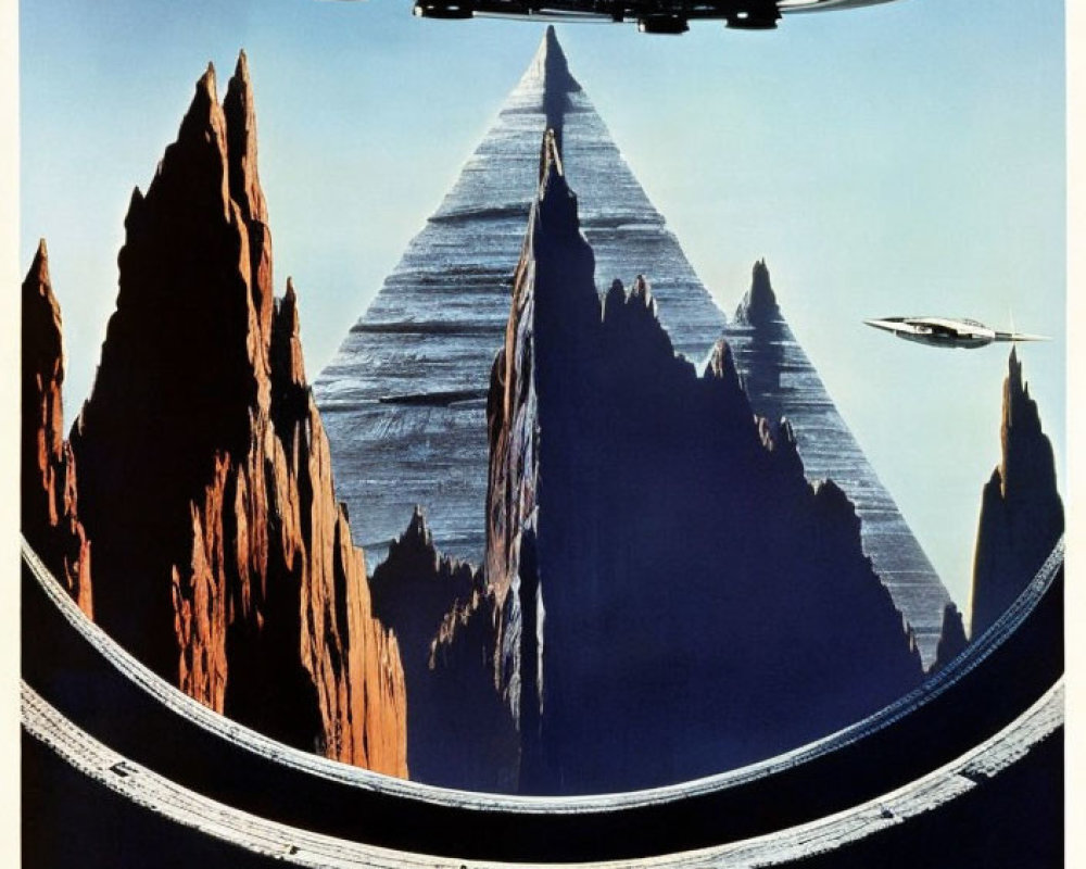 Vintage "Dune" Movie Poster: Spaceship in Desert Landscape with Peaks and Moons