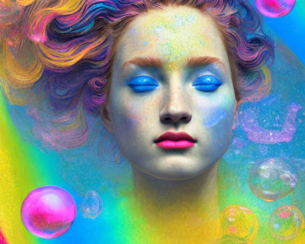 Colorful portrait with multicolored hair and makeup against cosmic backdrop.