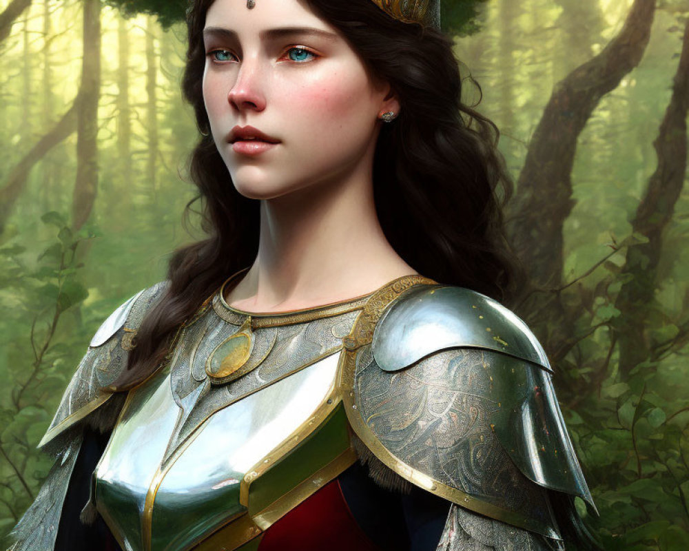 Young woman in regal medieval armor and crown standing in sunlit forest