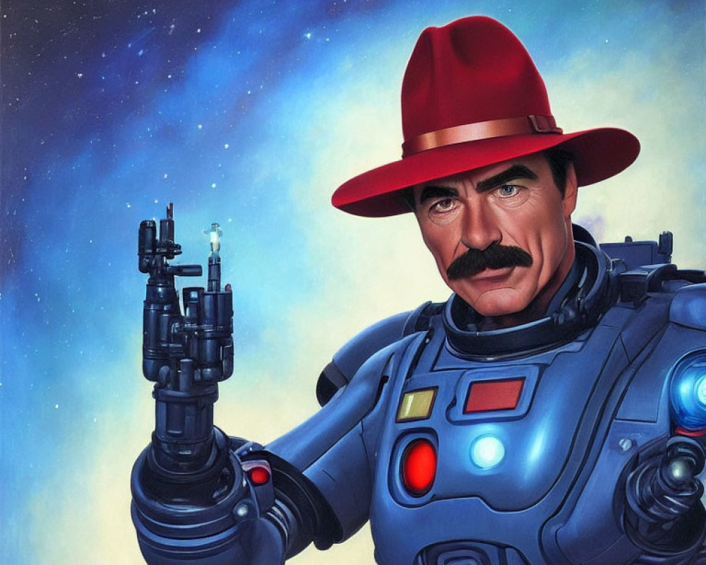 Man with Mustache in Red Hat and Futuristic Blue Armor Holding Multi-Barreled Gun in Space