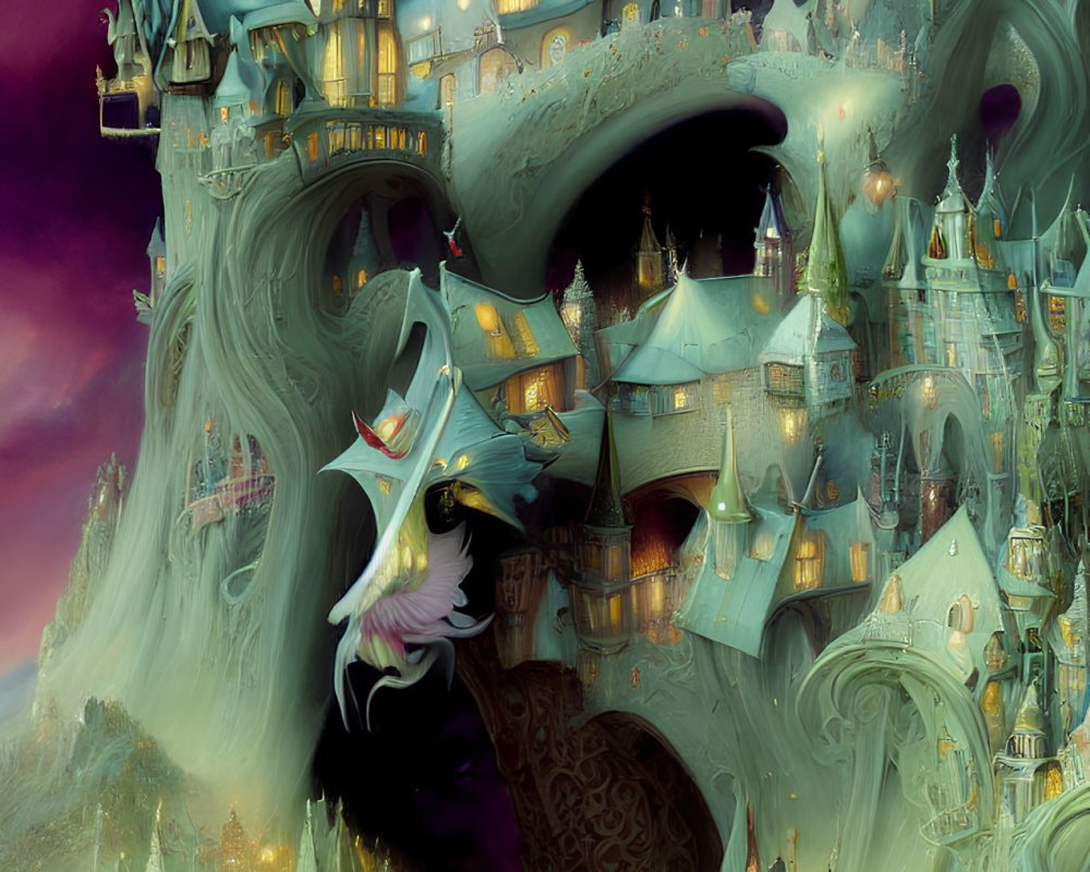 Fantasy city with tree-like buildings under purple sky