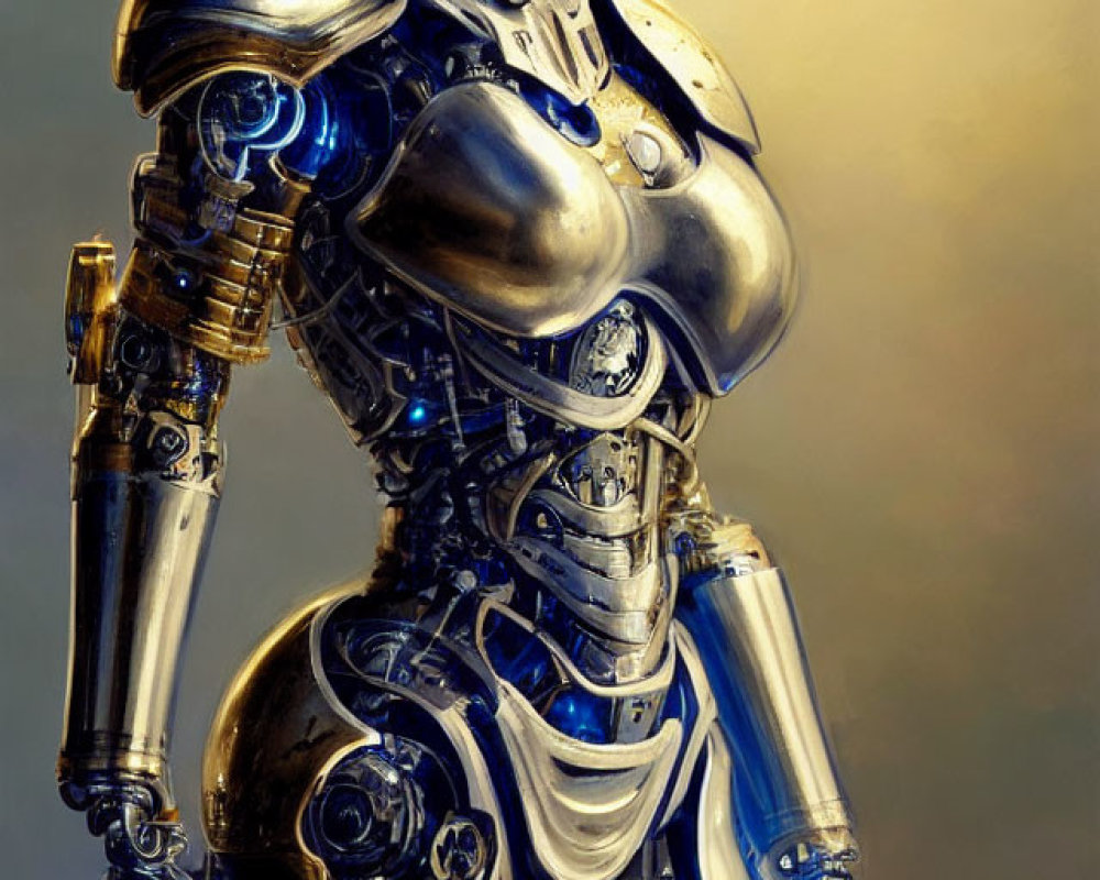 Detailed metallic armor on female humanoid robot with blue glowing elements