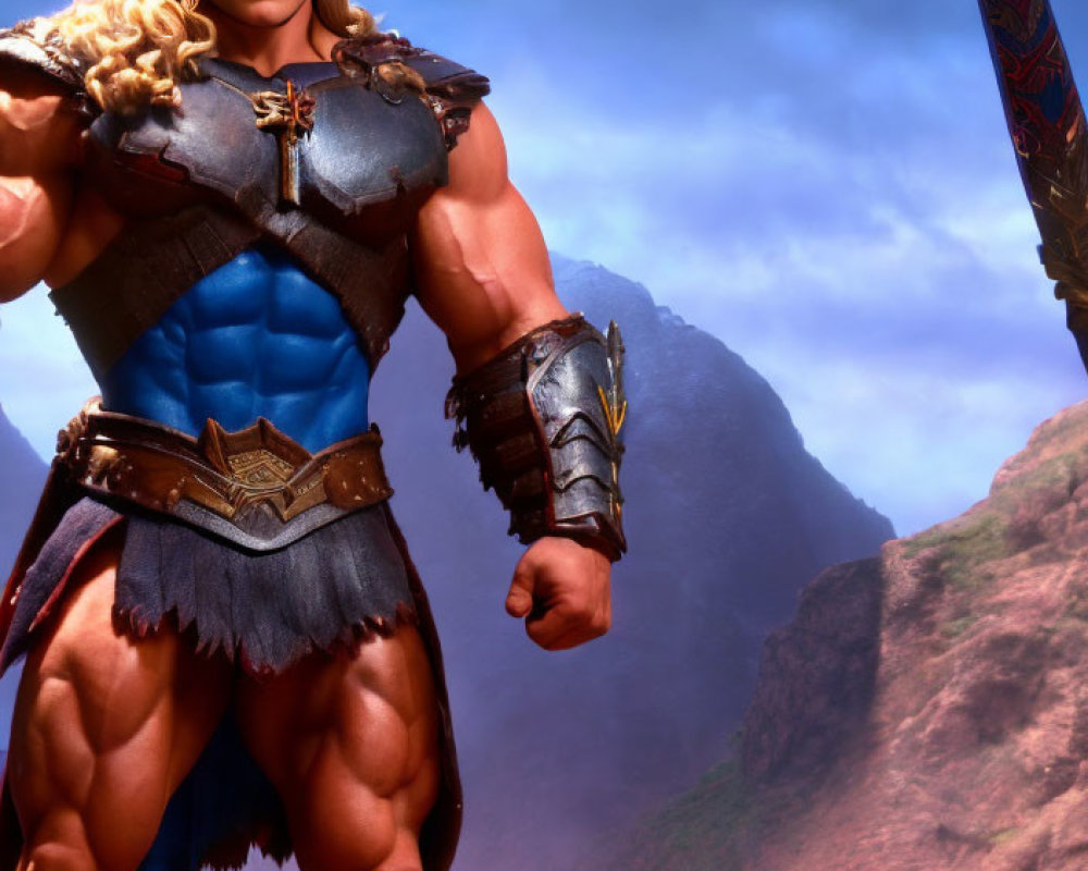 Muscular fantasy warrior with blonde hair in blue tunic and armor holding a sword