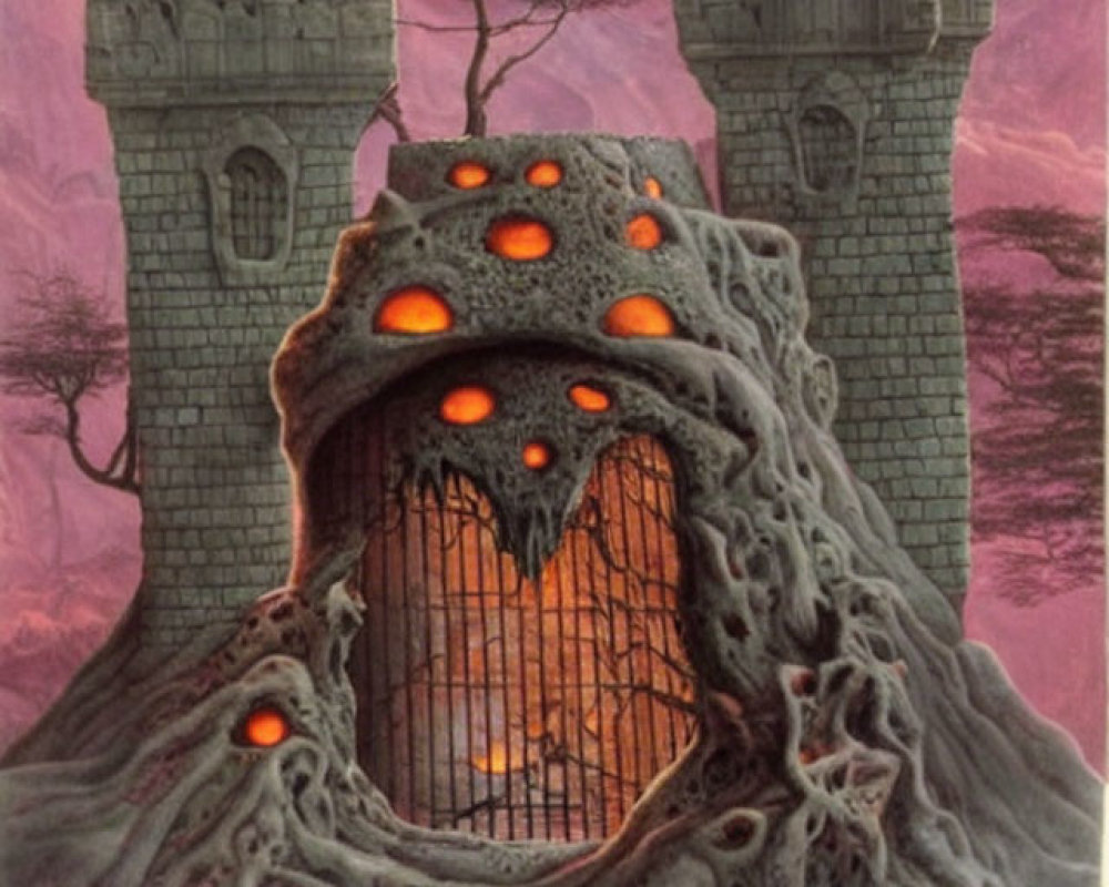 Fantastical fortress with tree-like features and glowing red windows in pink skies.