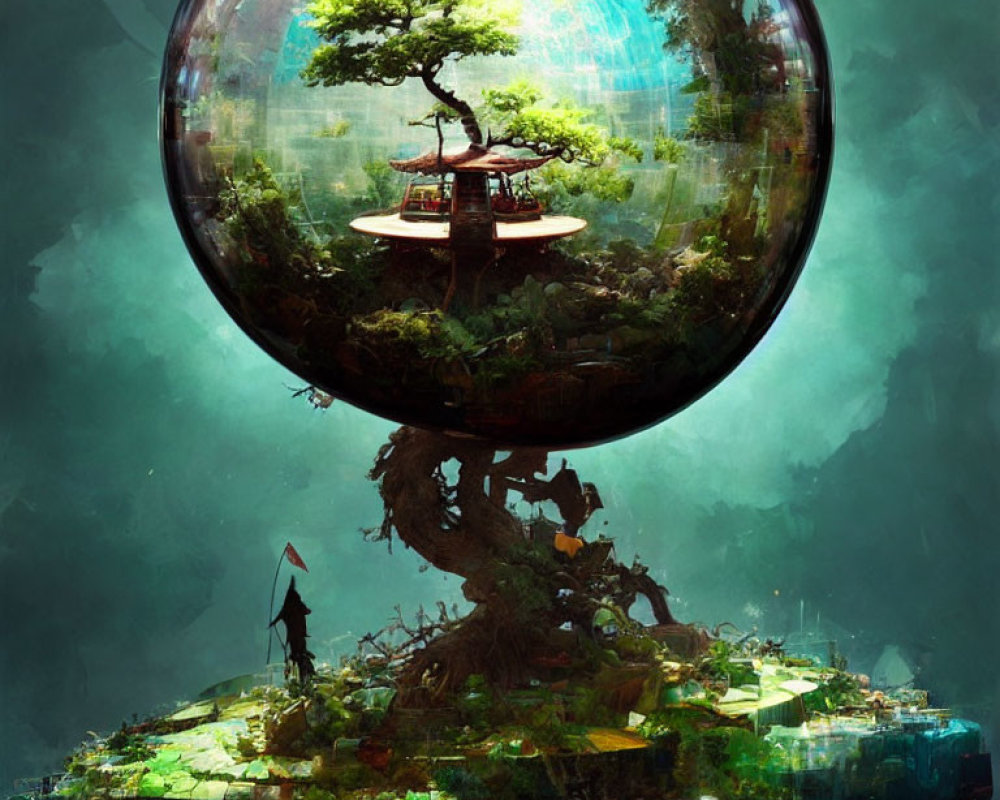 Figure under giant tree in transparent sphere with floating islands.