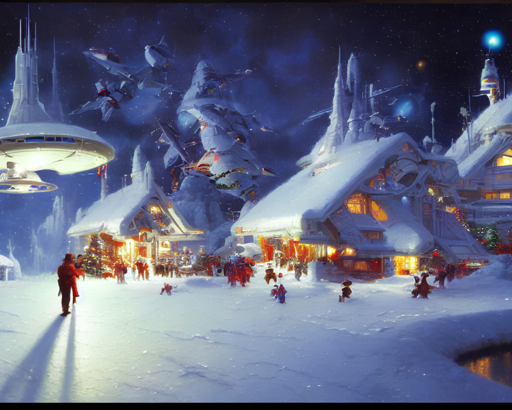 Festive sci-fi scene with snow, futuristic buildings, and flying vehicles