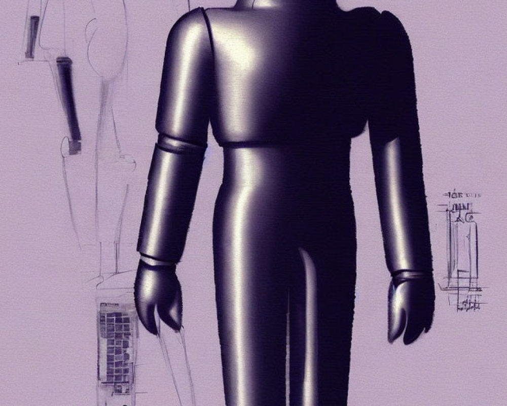 Monochrome humanoid robot concept art with technical sketches