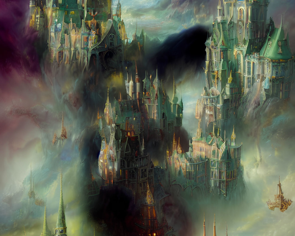 Fantastical cityscape with floating castles and ornate architecture