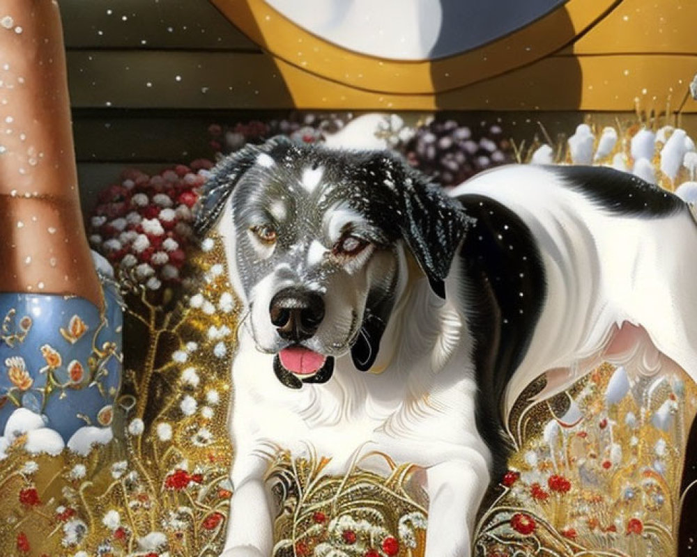 Black and White Dog with Blue Eyes Resting Among Golden Flowers in Snowy Scene