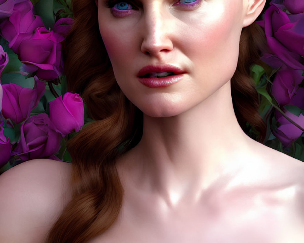 Portrait of Woman with Fair Skin, Auburn Hair, Blue Eyes, and Purple Roses