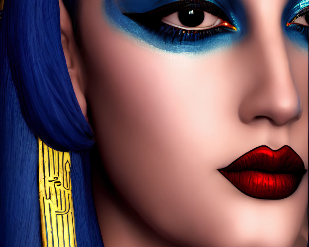 Digital artwork: Blue-skinned person with Egyptian headdress and hieroglyphs