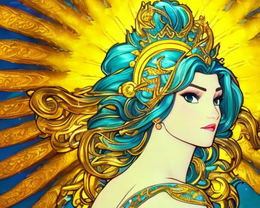 Illustrated woman with blue hair and golden crown against vibrant, intricate backdrop