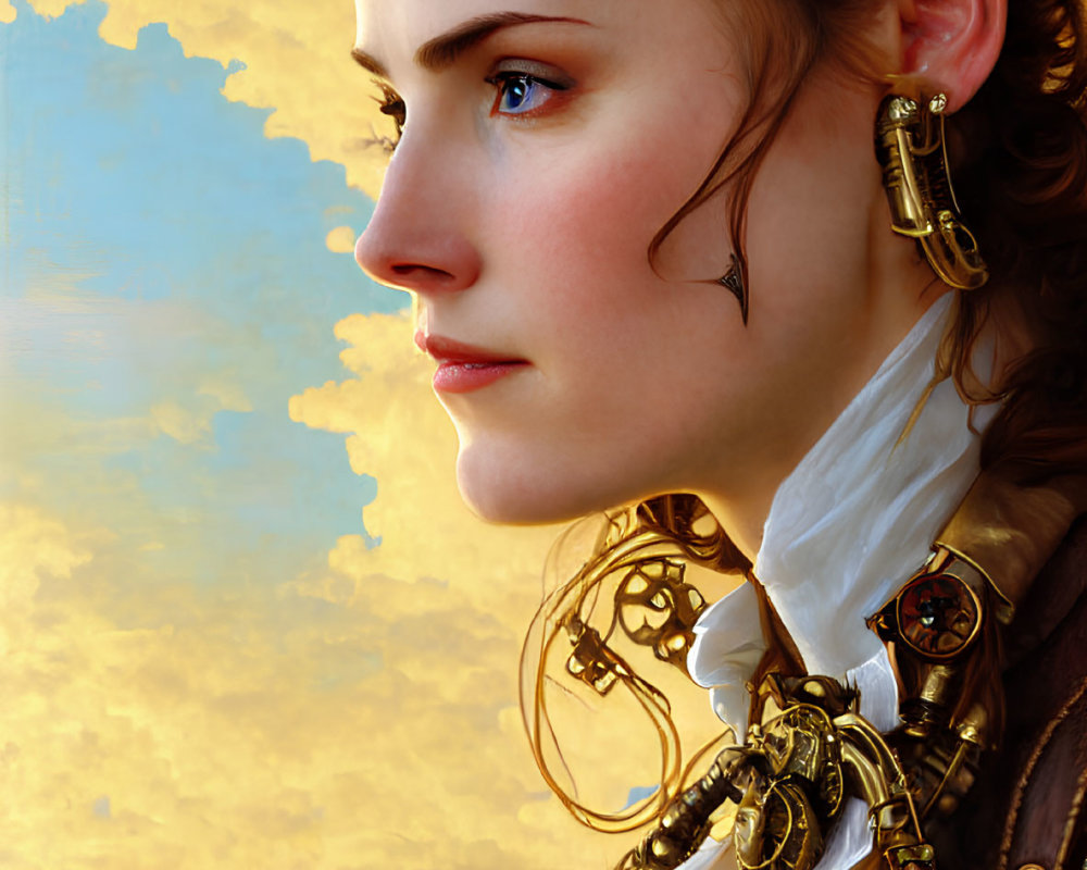 Steampunk-inspired portrait of woman with mechanized arm in Victorian outfit.