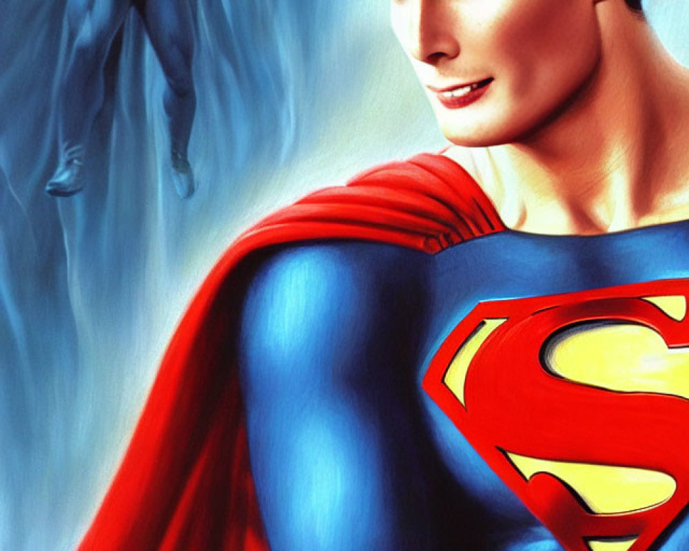 Superman Artwork: Close-up of confident smile, red cape, emblem, with flying figure in