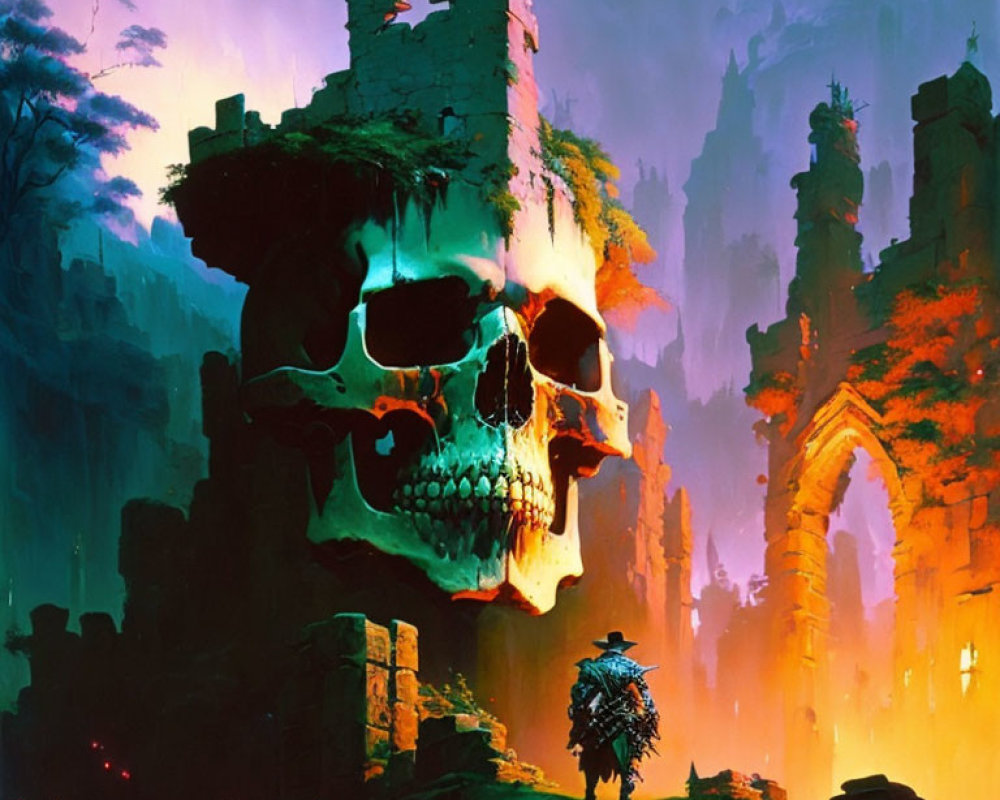 Knight near giant skull in twilight ruins: Fantasy scene with foreboding ambiance