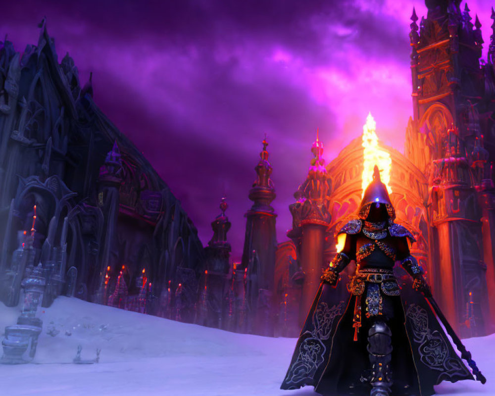 Knight in ornate armor kneeling before gothic castle in snow under purple sky.