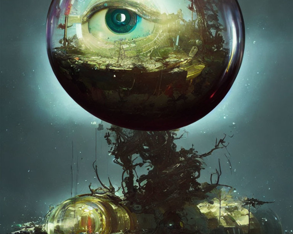 Surreal artwork: Giant eye in transparent sphere reflects abandoned urban landscape