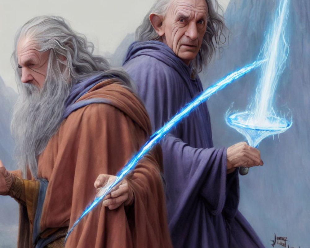 Elderly wizards with staffs conjuring lightning in mountainous setting