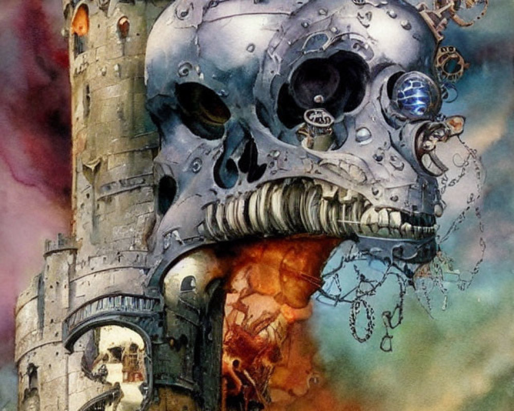 Skull-shaped metallic structure fused with ancient tower in fantastical painting