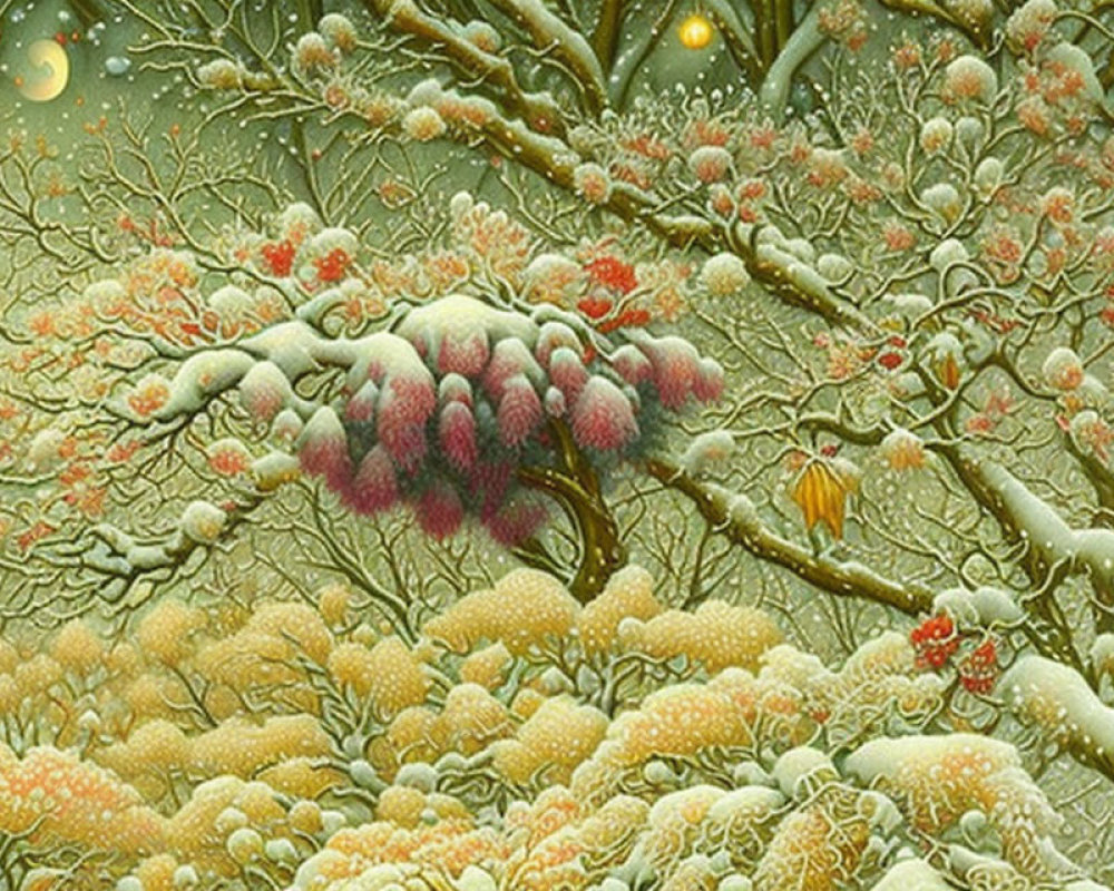 Detailed painting of snow-covered garden with blooming flowers