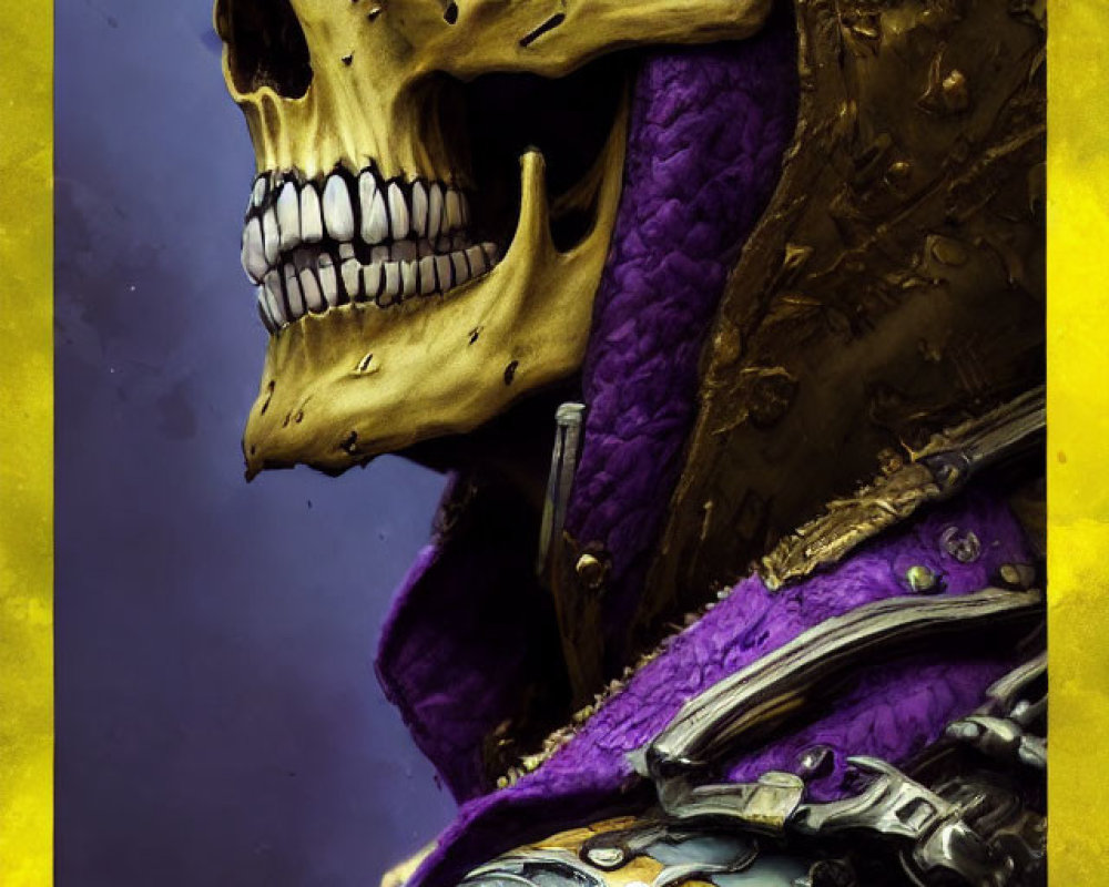 Skull in golden armor with purple eye socket on stormy background