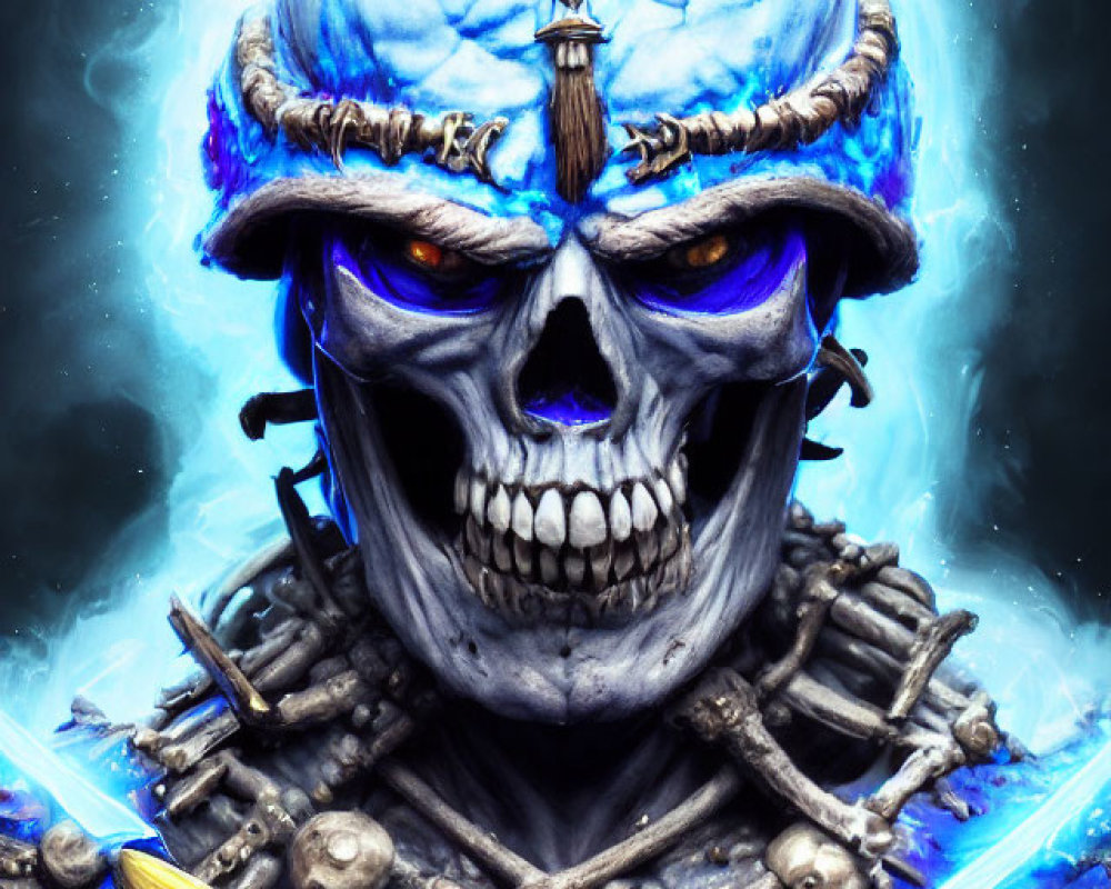 Detailed Illustration of Menacing Skull with Blue Flames, Helmet, and Sword on Dark Background