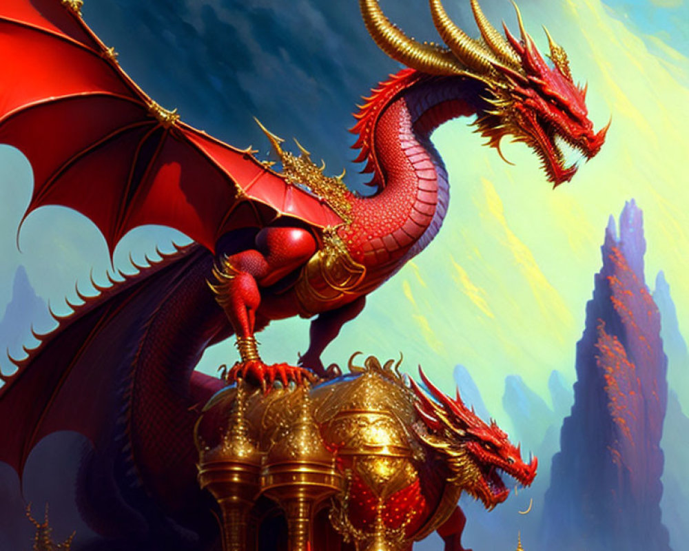 Red Dragon with Golden Horns on Ornate Structure Amid Red Rock Formations