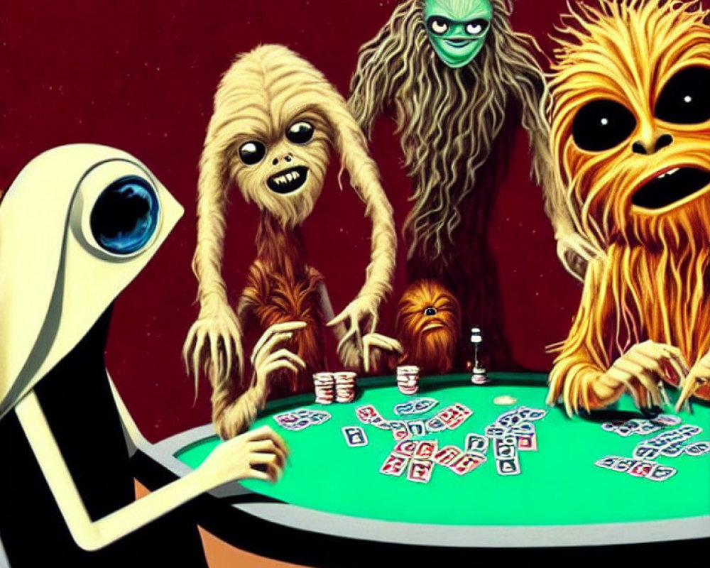 Alien creatures playing cards at round table on dark red background