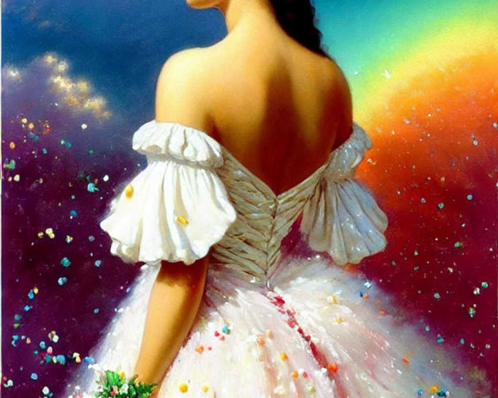 Woman in White Off-Shoulder Gown Amid Colorful Sky