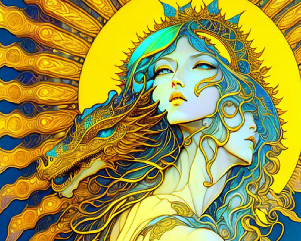 Art Nouveau style woman with crown and dragon on golden halo background