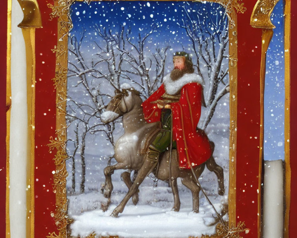 Bearded Figure on Horse in Snowy Landscape with Golden Frame