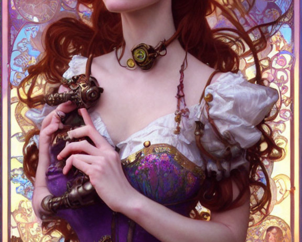 Victorian-style woman in purple dress with cog accessories against ornate background