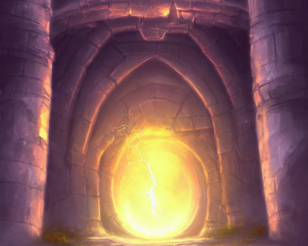 Ancient stone archway with glowing portal in castle corridor