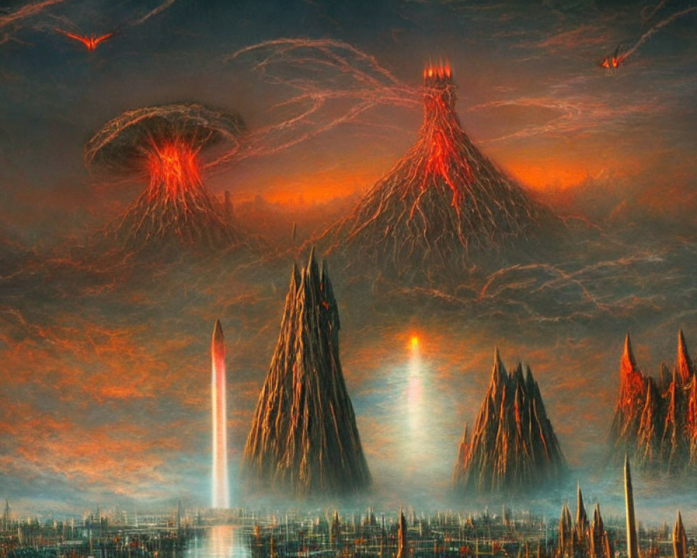 Fantastical landscape with lava volcanoes, rivers of fire, and cityscape under dramatic sky